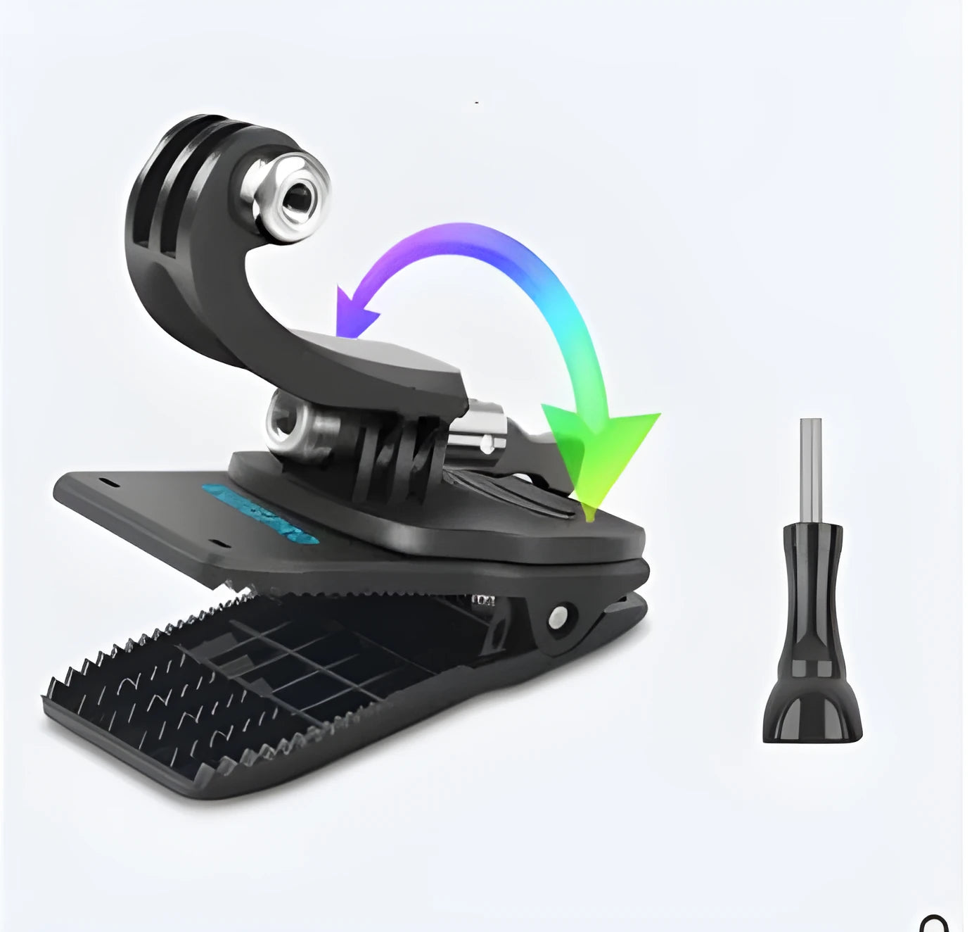 Black 360-degree rotating backpack clip mount for GoPro and action cameras, showing clamp and adjustable head.
