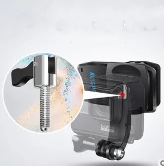Black 360-degree rotating backpack clip mount for GoPro and action cameras, showing clamp and adjustable head.