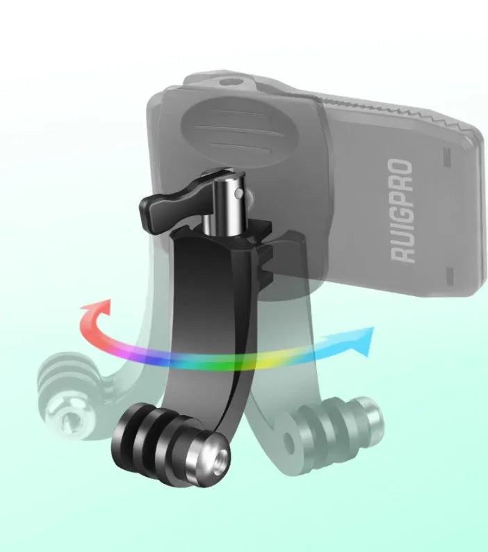 Black 360-degree rotating backpack clip mount for GoPro and action cameras, showing clamp and adjustable head.