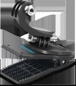 Black 360-degree rotating backpack clip mount for GoPro and action cameras, showing clamp and adjustable head.
