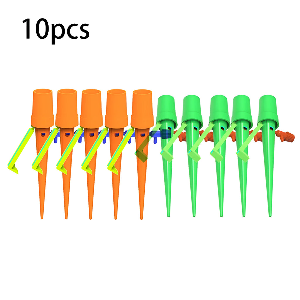 Plastic plant watering spikes 16.5cm x 3cm in green and orange for garden and potted plants