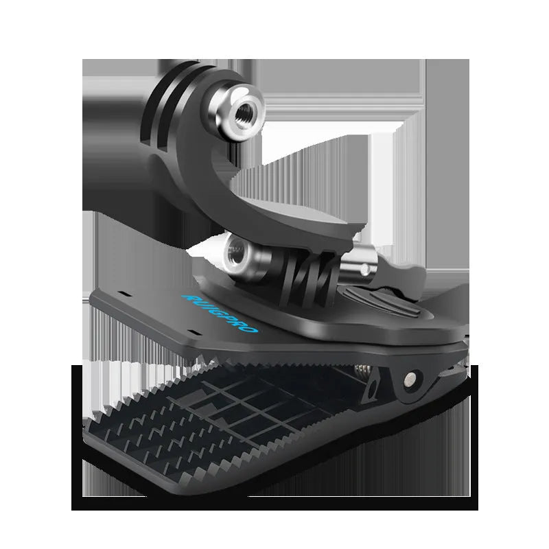 Black 360-degree rotating backpack clip mount for GoPro and action cameras, showing clamp and adjustable head.