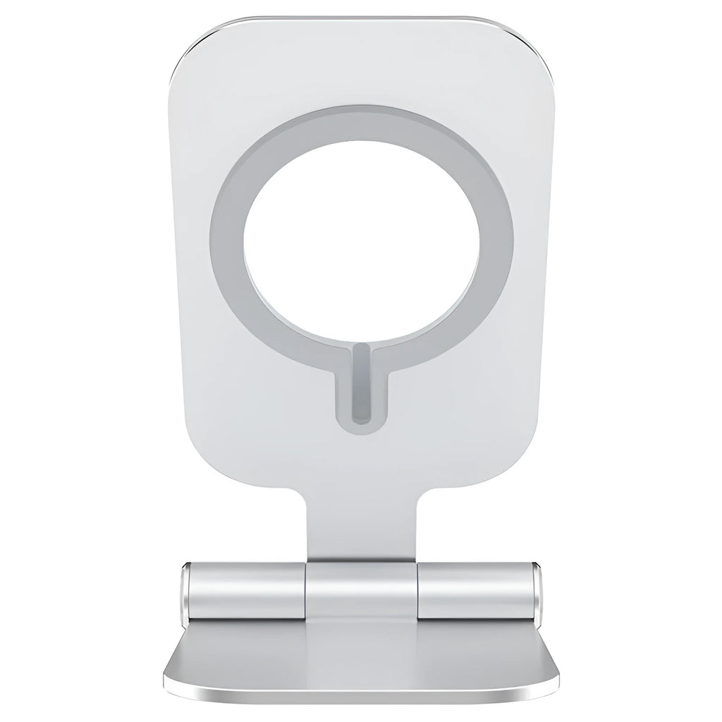 Silver NILLKIN foldable aluminium alloy magnetic wireless charging stand for iPhone 12 Mini on a desk