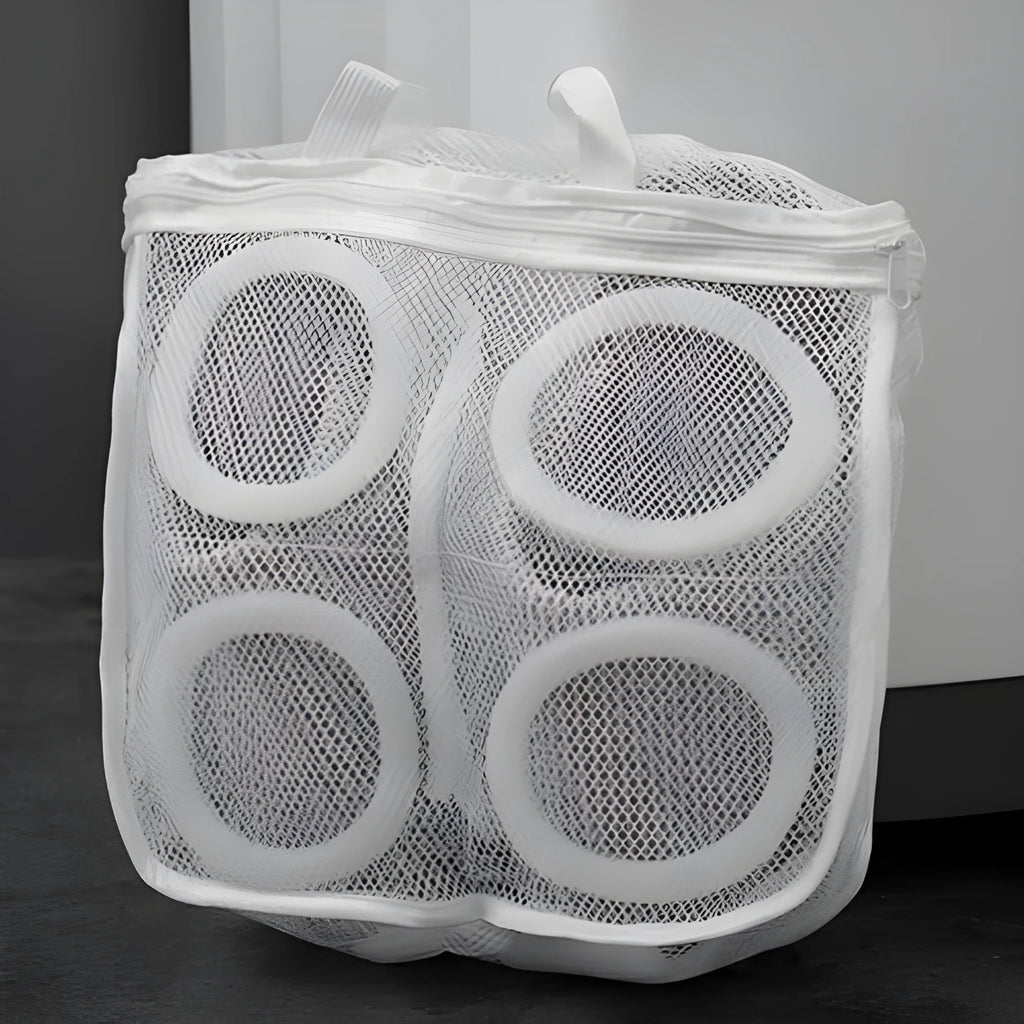 Shoe washing bag with mesh and foam padding for machine washing sneakers, blue colour