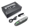 Black ultrasonic handheld dog trainer with 3 frequency modes and 10m range, on outdoor background