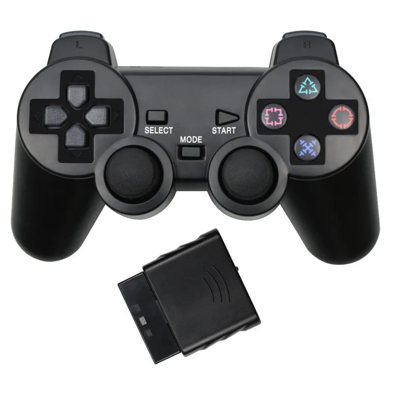 PS2 wireless game controller in seven colour options showing 2.4G connectivity and vibration function