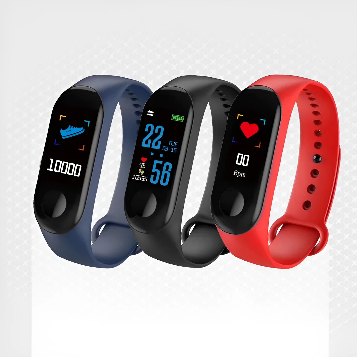 M3 Smart Bracelet showing 0.96-inch colour screen on a wrist, available in black, red, or blue colours.