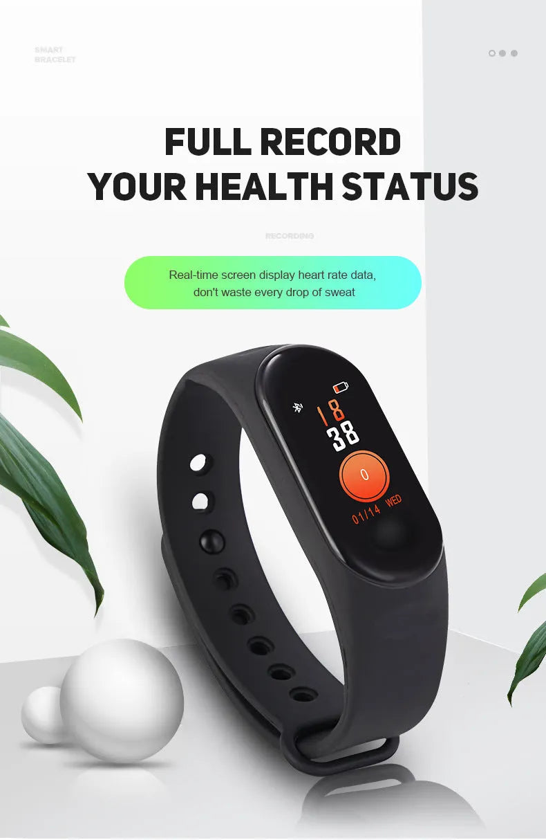 M3 Smart Bracelet showing 0.96-inch colour screen on a wrist, available in black, red, or blue colours.