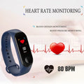 M3 Smart Bracelet showing 0.96-inch colour screen on a wrist, available in black, red, or blue colours.