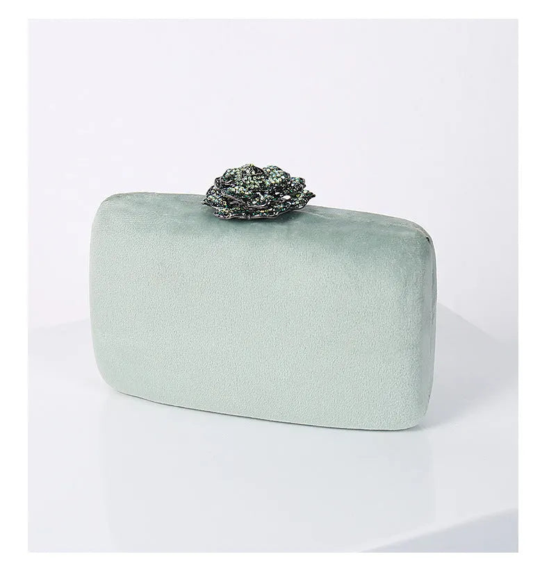 Set of five diamond-decorated PU flannel evening clutch bags with chain strap in black, light green, pink, yellow, and violet