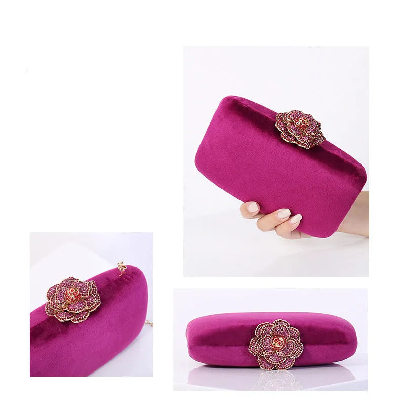 Set of five diamond-decorated PU flannel evening clutch bags with chain strap in black, light green, pink, yellow, and violet