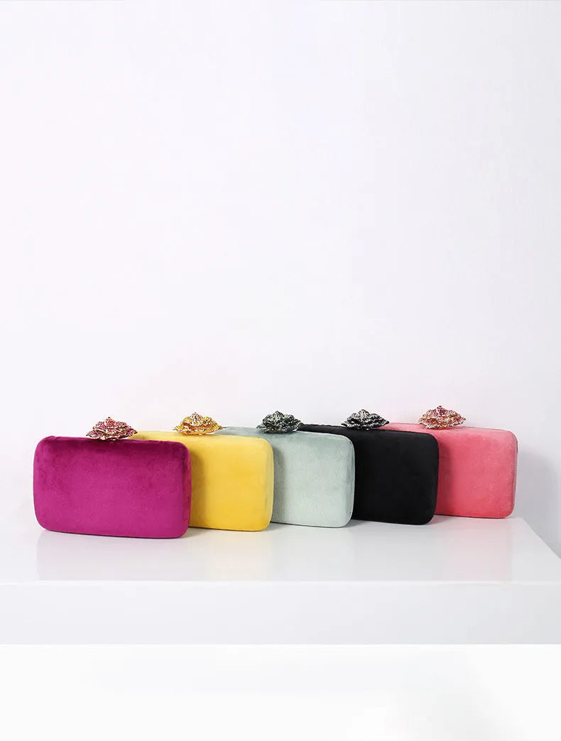 Set of five diamond-decorated PU flannel evening clutch bags with chain strap in black, light green, pink, yellow, and violet