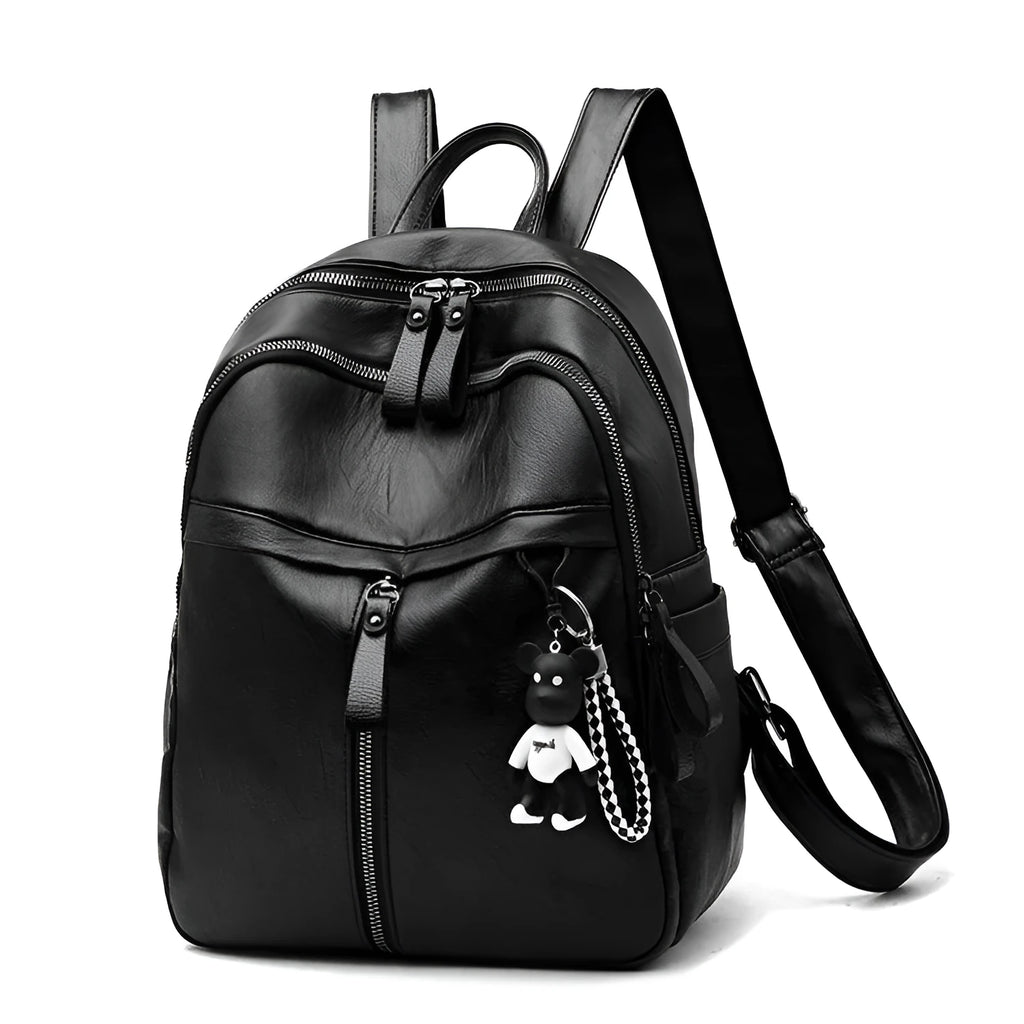 Black soft-surface PU leather backpack with double straps, shown with a pendant option.