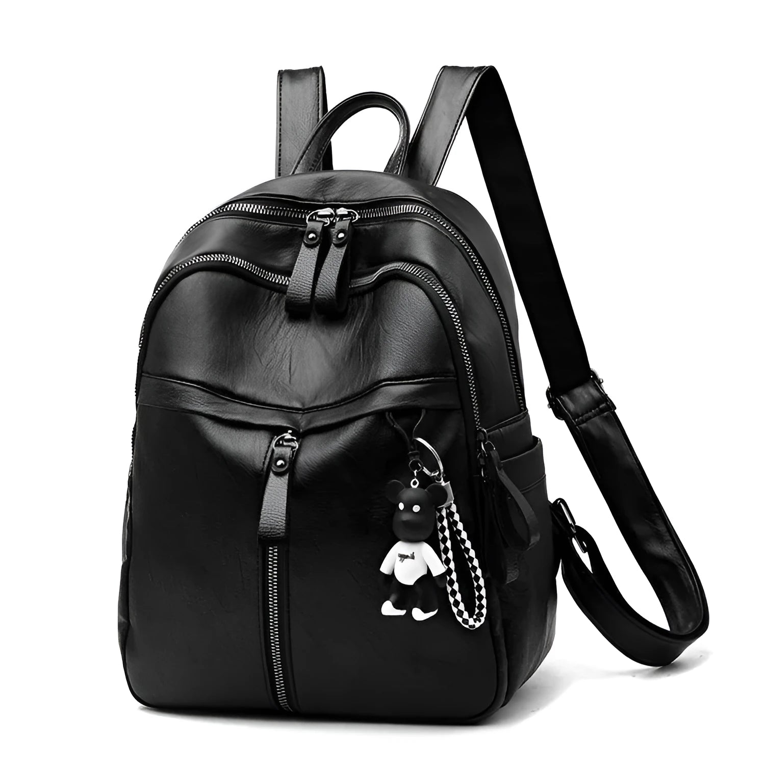 Black soft-surface PU leather backpack with double straps, shown with a pendant option.