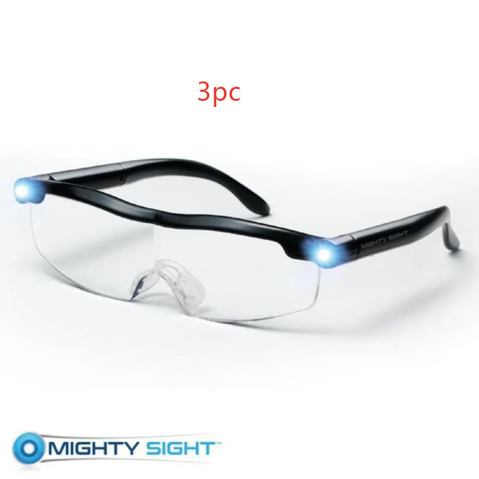 Transparent black USB LED reading glasses with scheduled light control on desktop