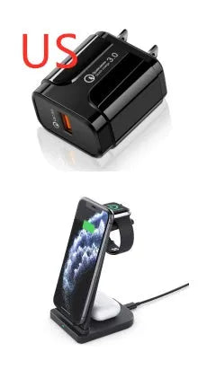 Black foldable 3-in-1 wireless charger showing phone, watch and headphone charging areas