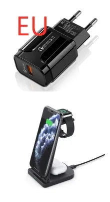 Black foldable 3-in-1 wireless charger showing phone, watch and headphone charging areas