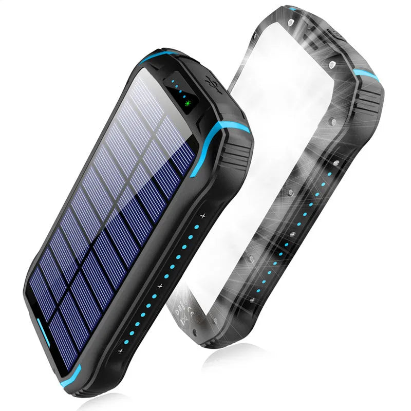 Orange Xionel XN-i26S solar power bank with LED light showing size and ports