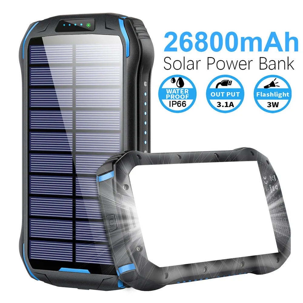 Orange Xionel XN-i26S solar power bank with LED light showing size and ports