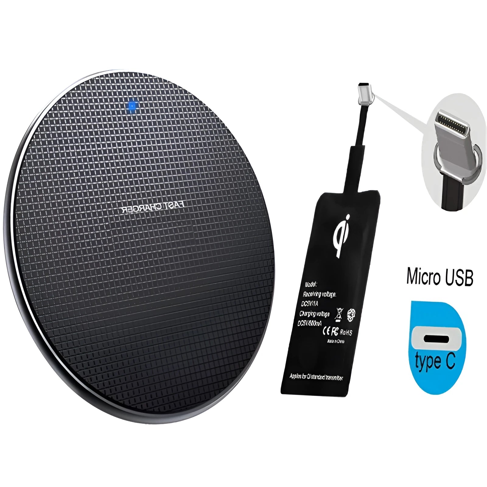 Round black wireless phone charger with aluminum base and Qi receiver on grey surface