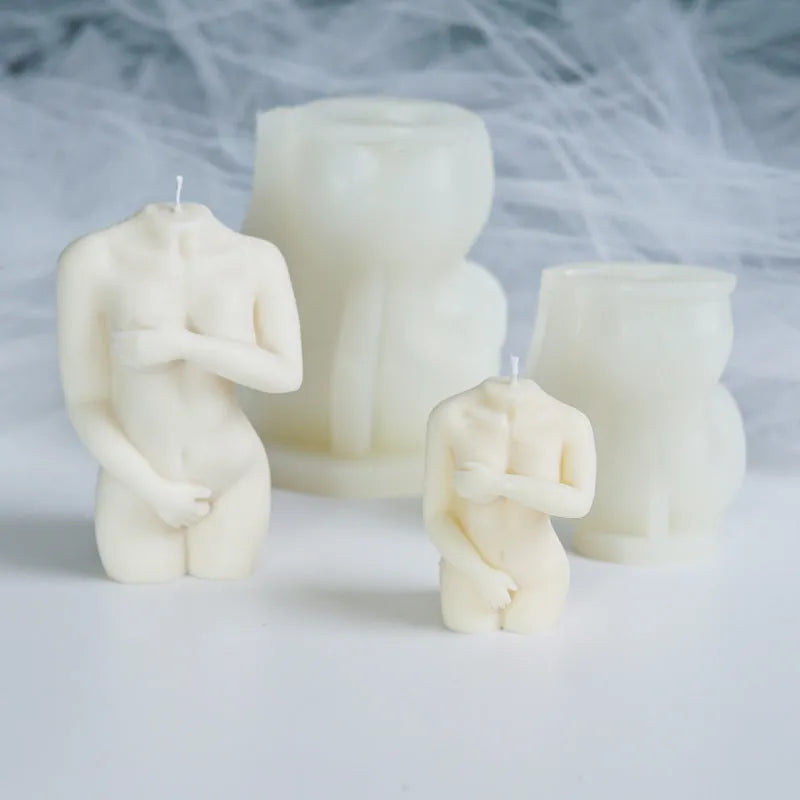 Silicone candle mould set showing three feminine body designs for decorative candle making