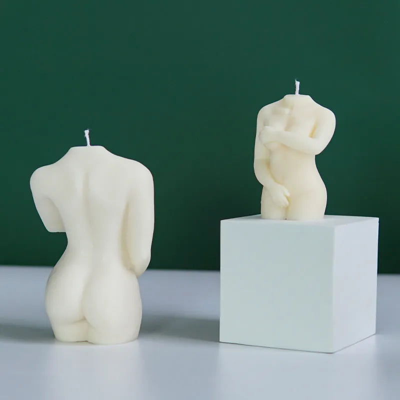 Silicone candle mould set showing three feminine body designs for decorative candle making