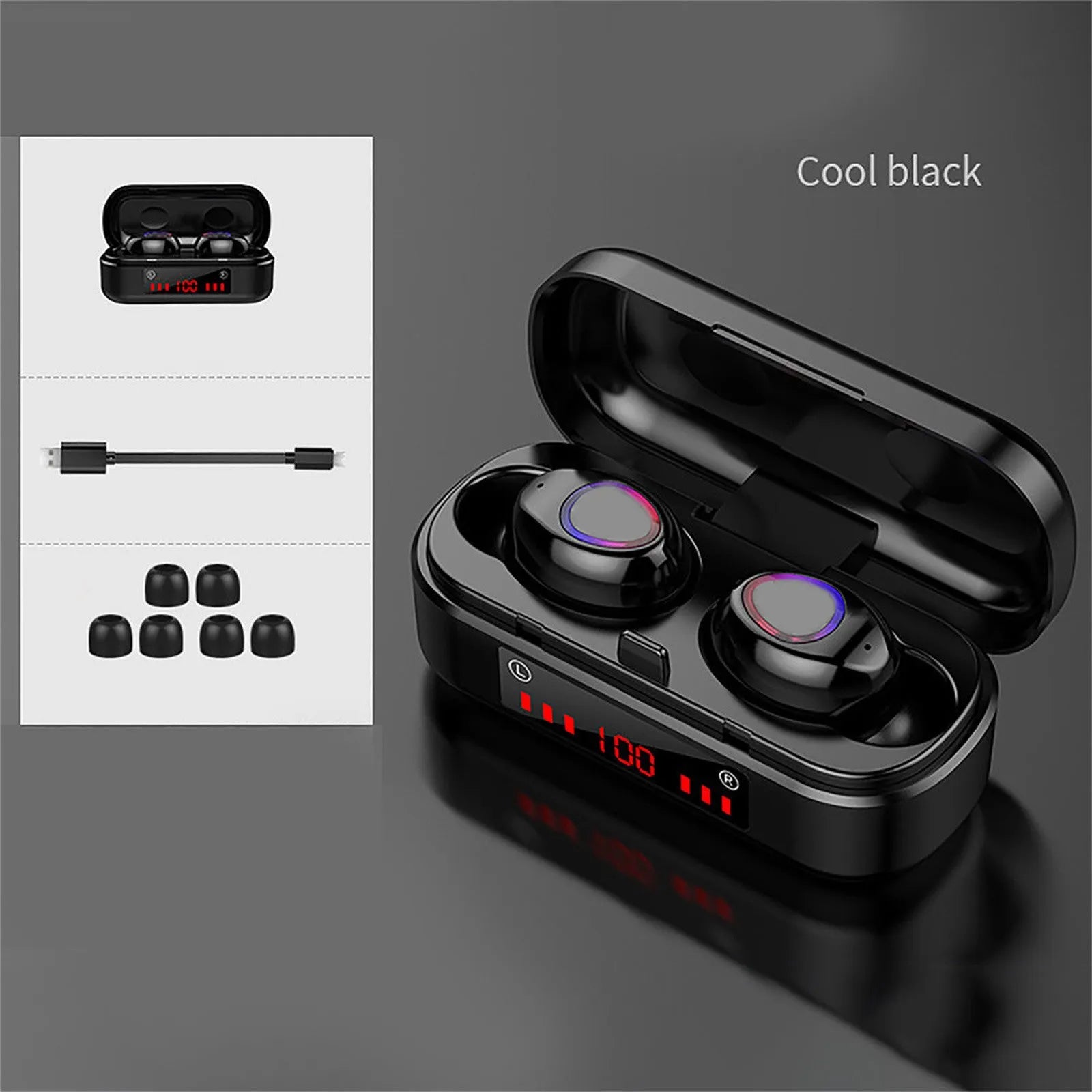 V7 LED button version wireless Bluetooth headset with charging case and three ear cap sizes