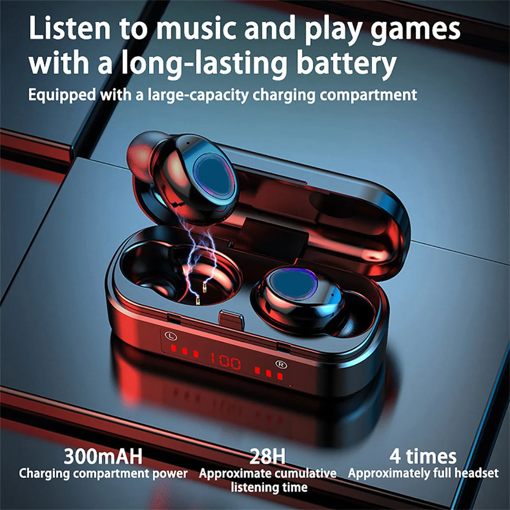 V7 LED button version wireless Bluetooth headset with charging case and three ear cap sizes