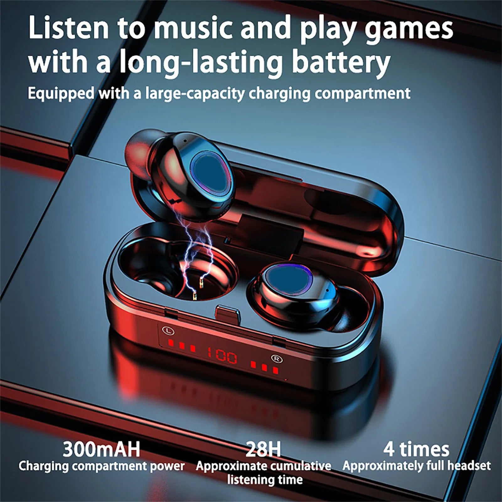 V7 LED button version wireless Bluetooth headset with charging case and three ear cap sizes