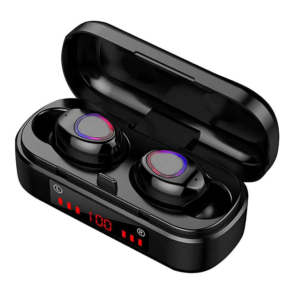 V7 LED button version wireless Bluetooth headset with charging case and three ear cap sizes