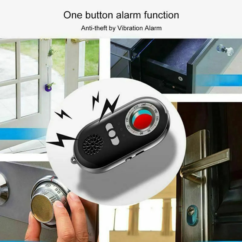 Compact black wireless signal detector with vibration alarm for travel security, shown next to a ruler for scale.