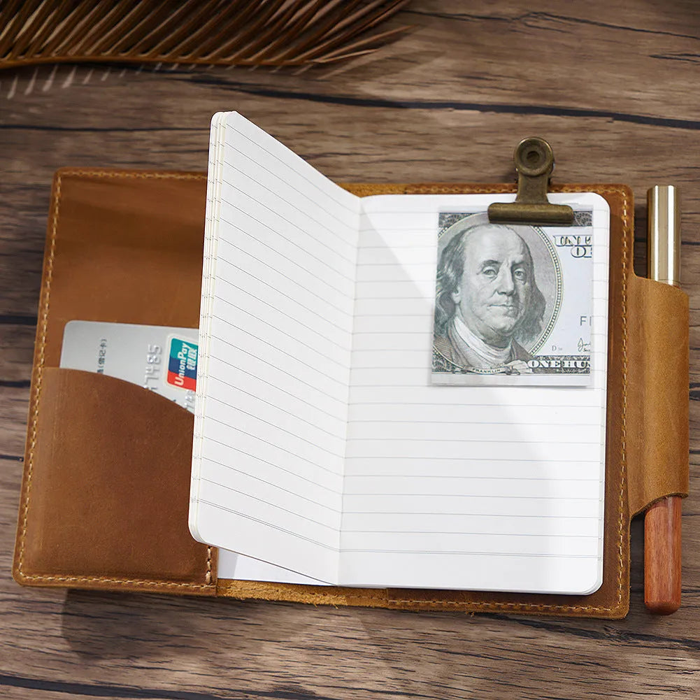 Leather travel notebook with Crazy Horse Yellow Brown cover, open to blank Daolin paper pages, A6 size 9x14cm