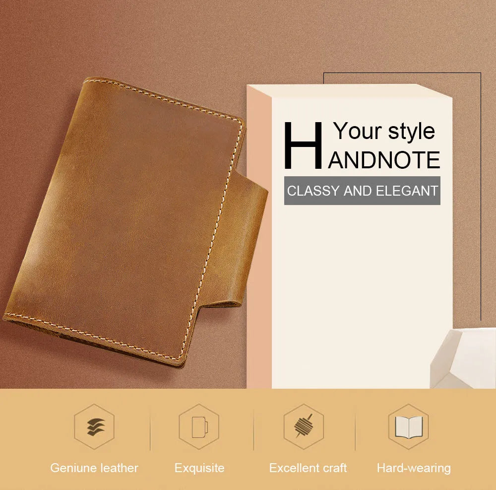 Leather travel notebook with Crazy Horse Yellow Brown cover, open to blank Daolin paper pages, A6 size 9x14cm
