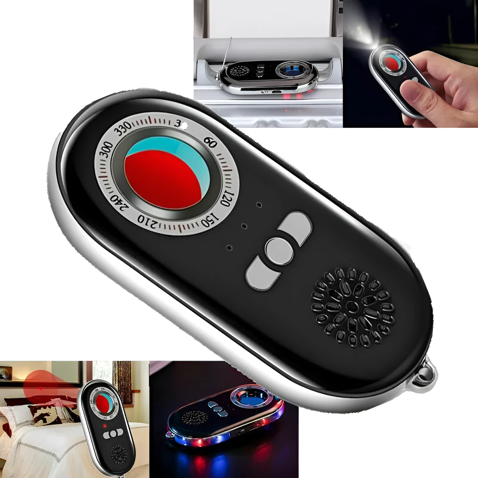 Compact black wireless signal detector with vibration alarm for travel security, shown next to a ruler for scale.