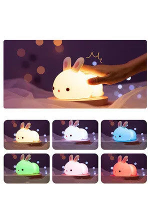 Rabbit silicone night light with touch control, seven colours, 94 × 144 × 104 mm, for study room or bedside table