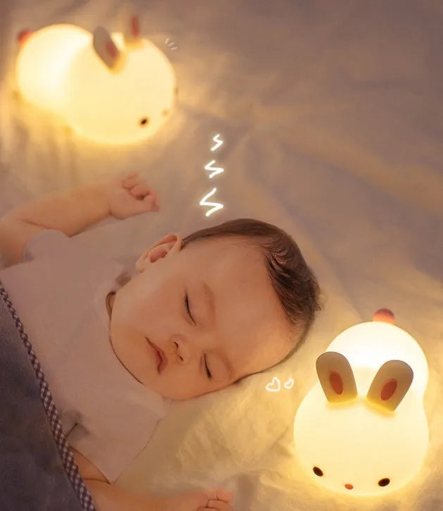 Rabbit silicone night light with touch control, seven colours, 94 × 144 × 104 mm, for study room or bedside table