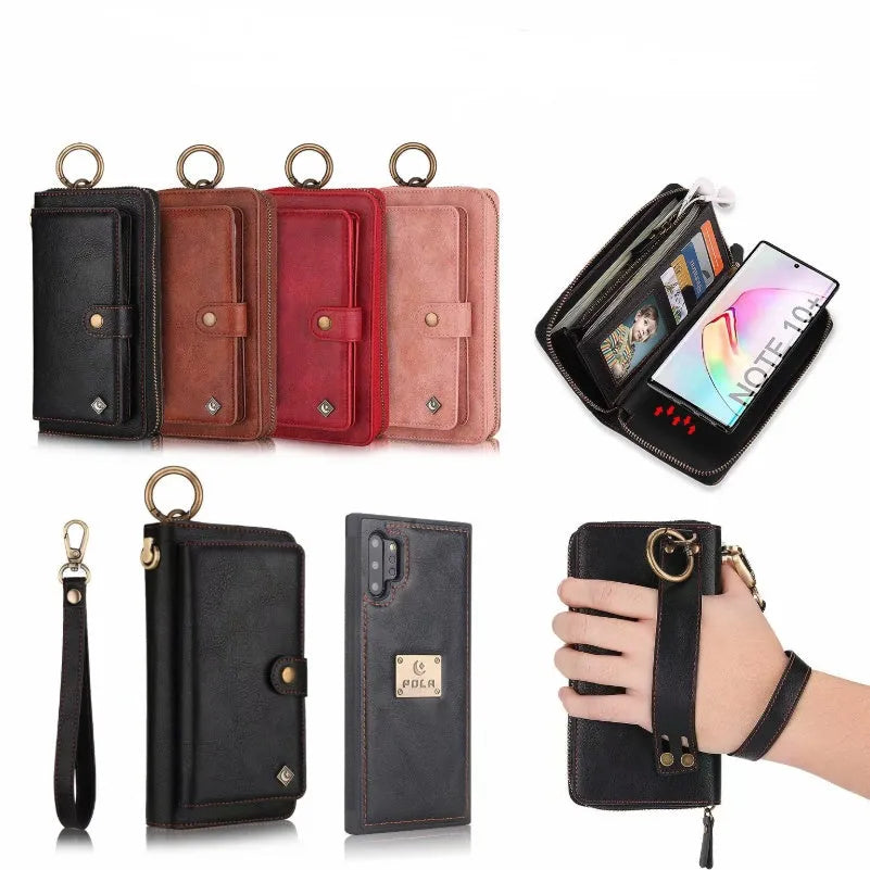 Black PU mobile phone wallet case with a zip closure, shown next to a credit card.