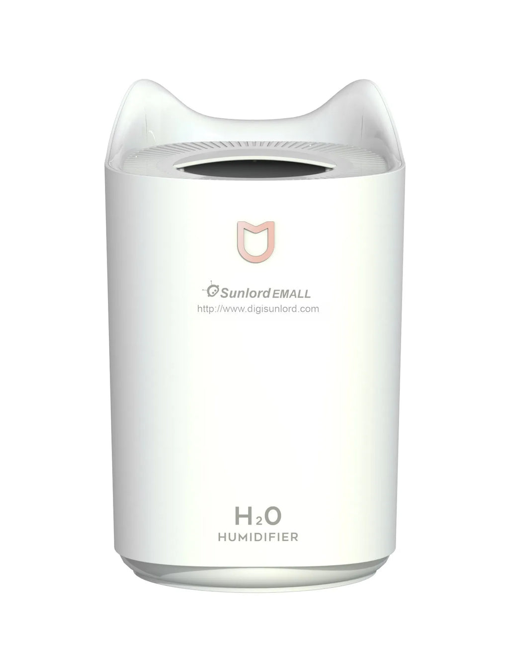 Coral pink double spray humidifier with large water tank and three mist outlets on a table.