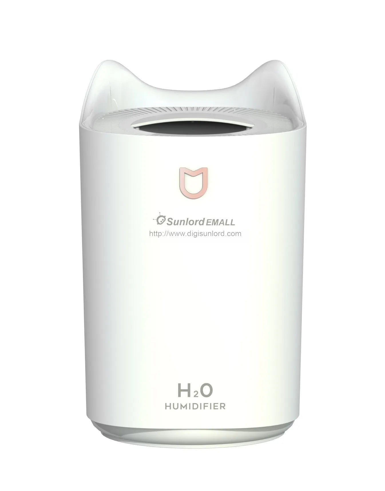 Coral pink double spray humidifier with large water tank and three mist outlets on a table.