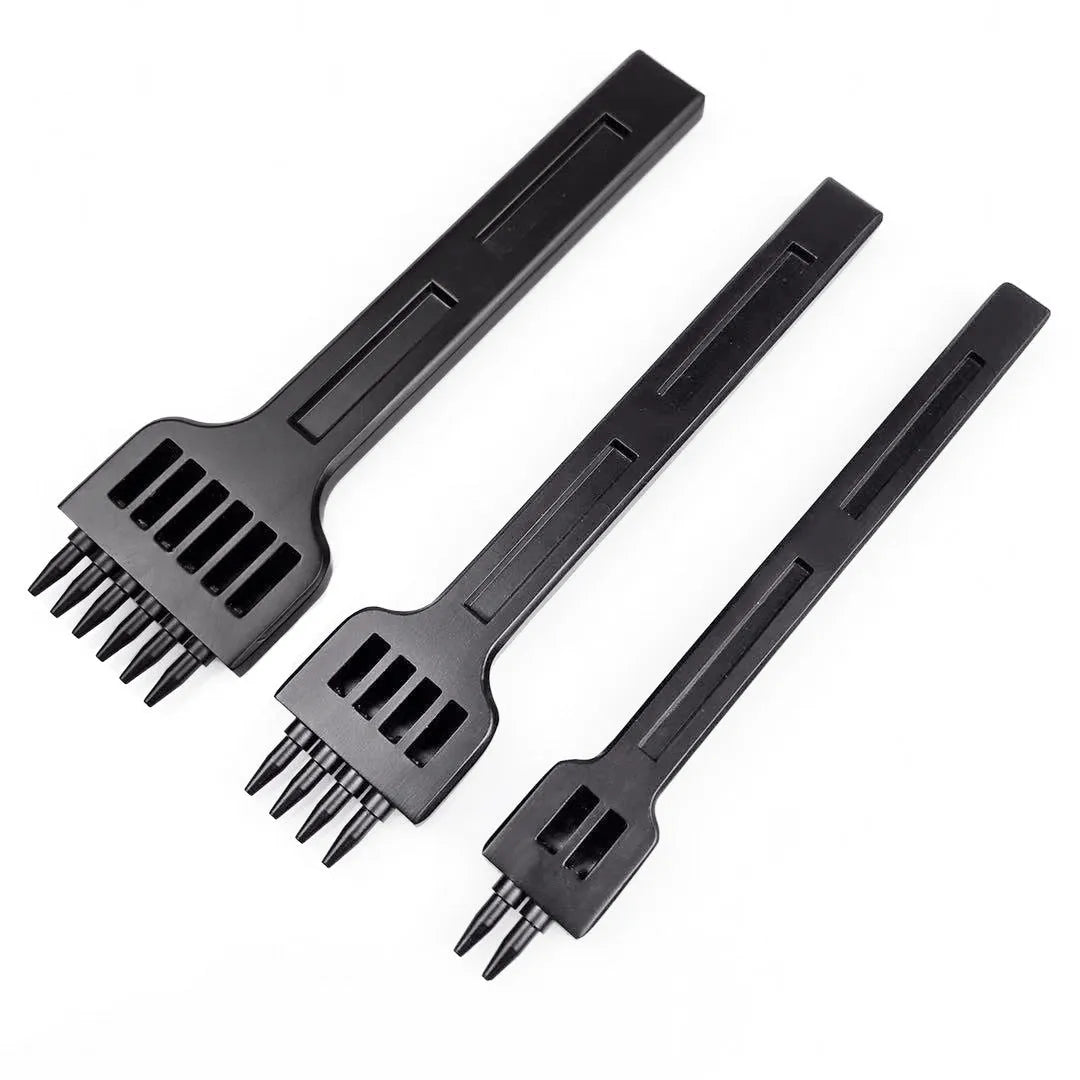 Black manual leather round hole punch tool with multiple teeth for leathercraft projects