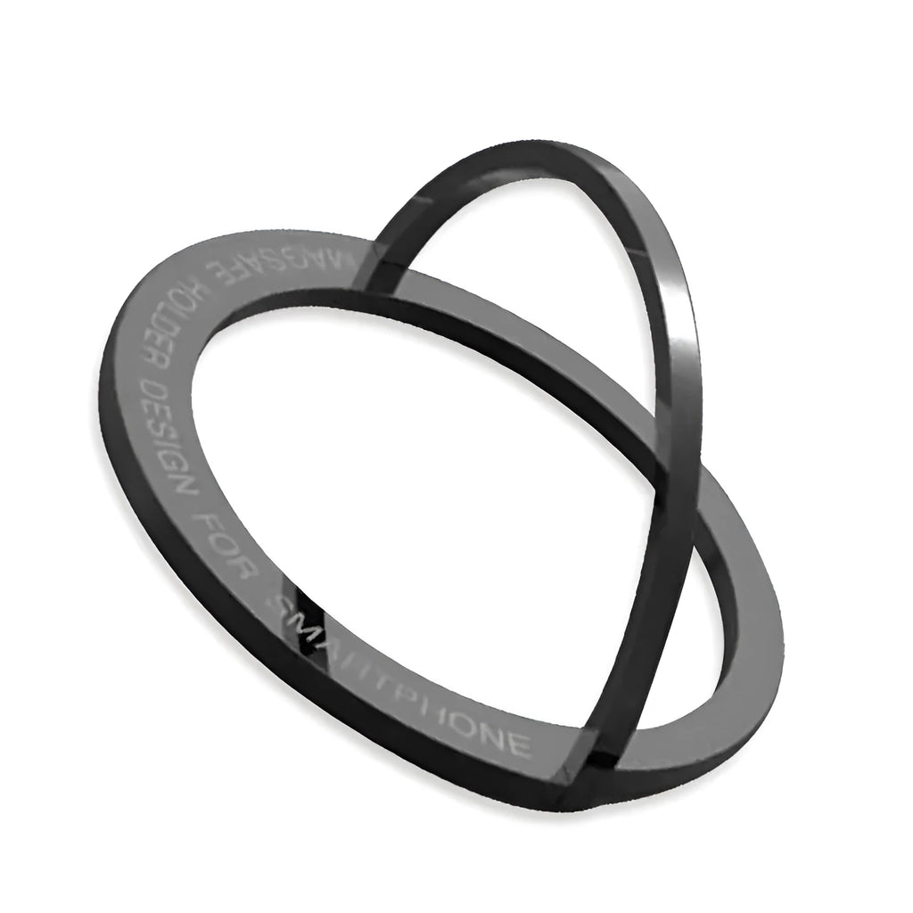 Portable round zinc alloy mobile phone holder in black on a desk for wireless charging