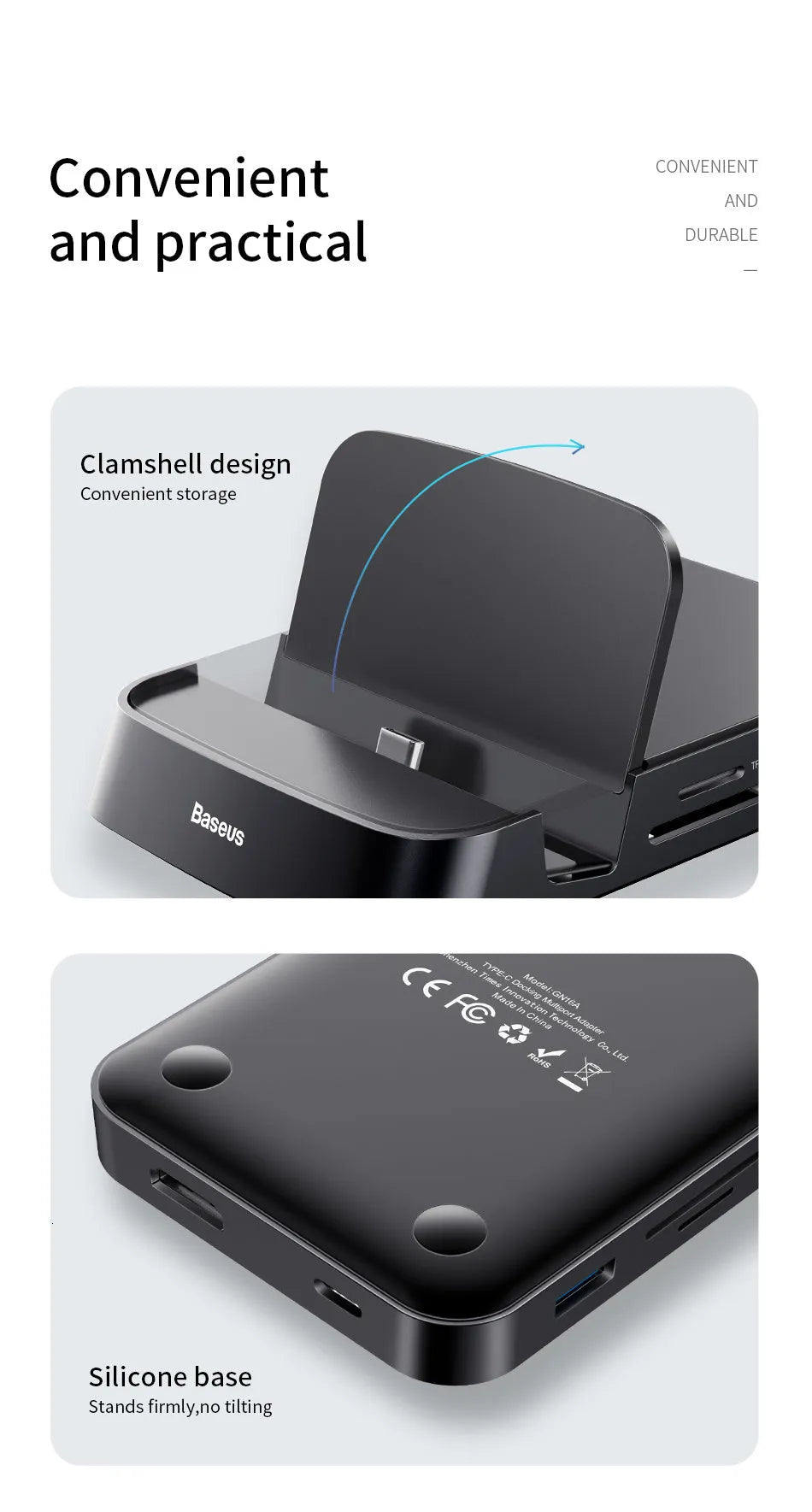 Black Type-C docking station with HDMI, USB 3.0, USB 2.0 and SD card slots, 110 x 80 x 21mm