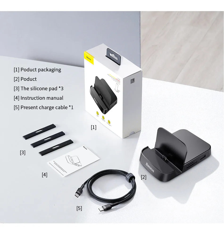 Black Type-C docking station with HDMI, USB 3.0, USB 2.0 and SD card slots, 110 x 80 x 21mm