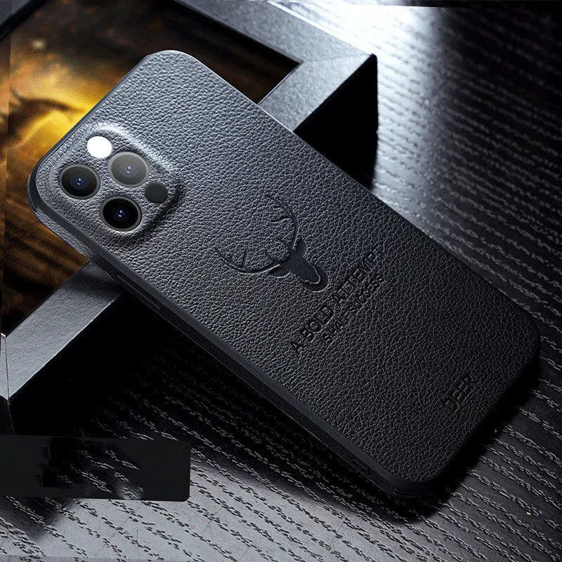 Leather texture square frame shockproof iPhone case in multiple colours on a table.
