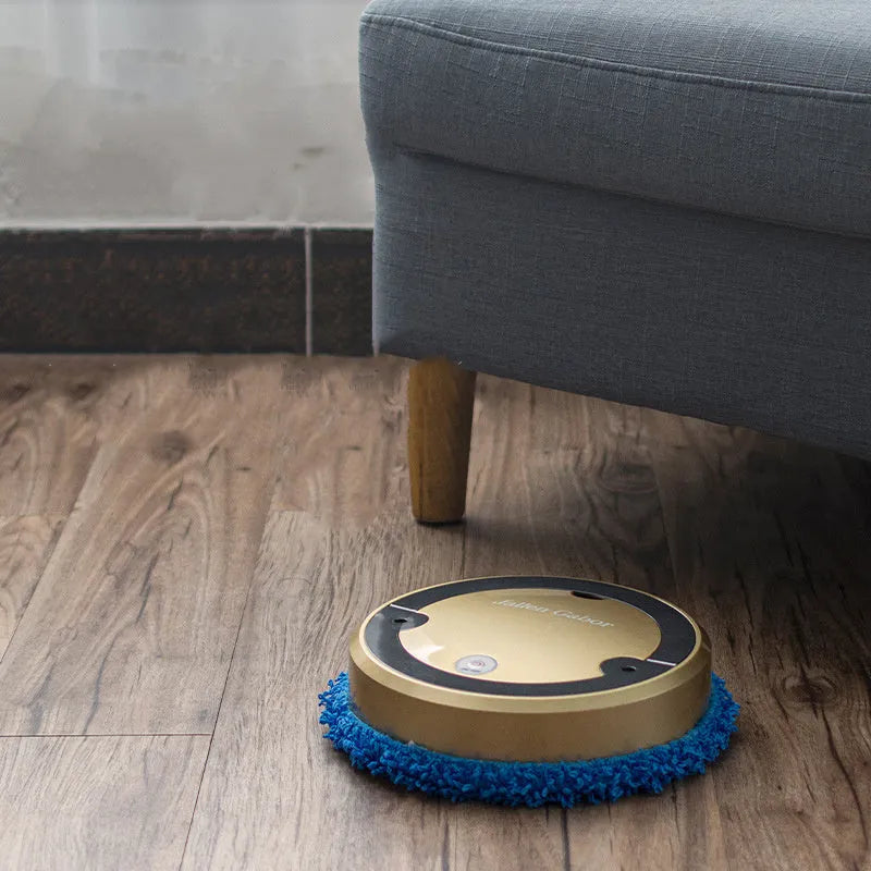 Intelligent automatic sweeping robot with spray and UV sterilisation in silver-gray on a hard floor