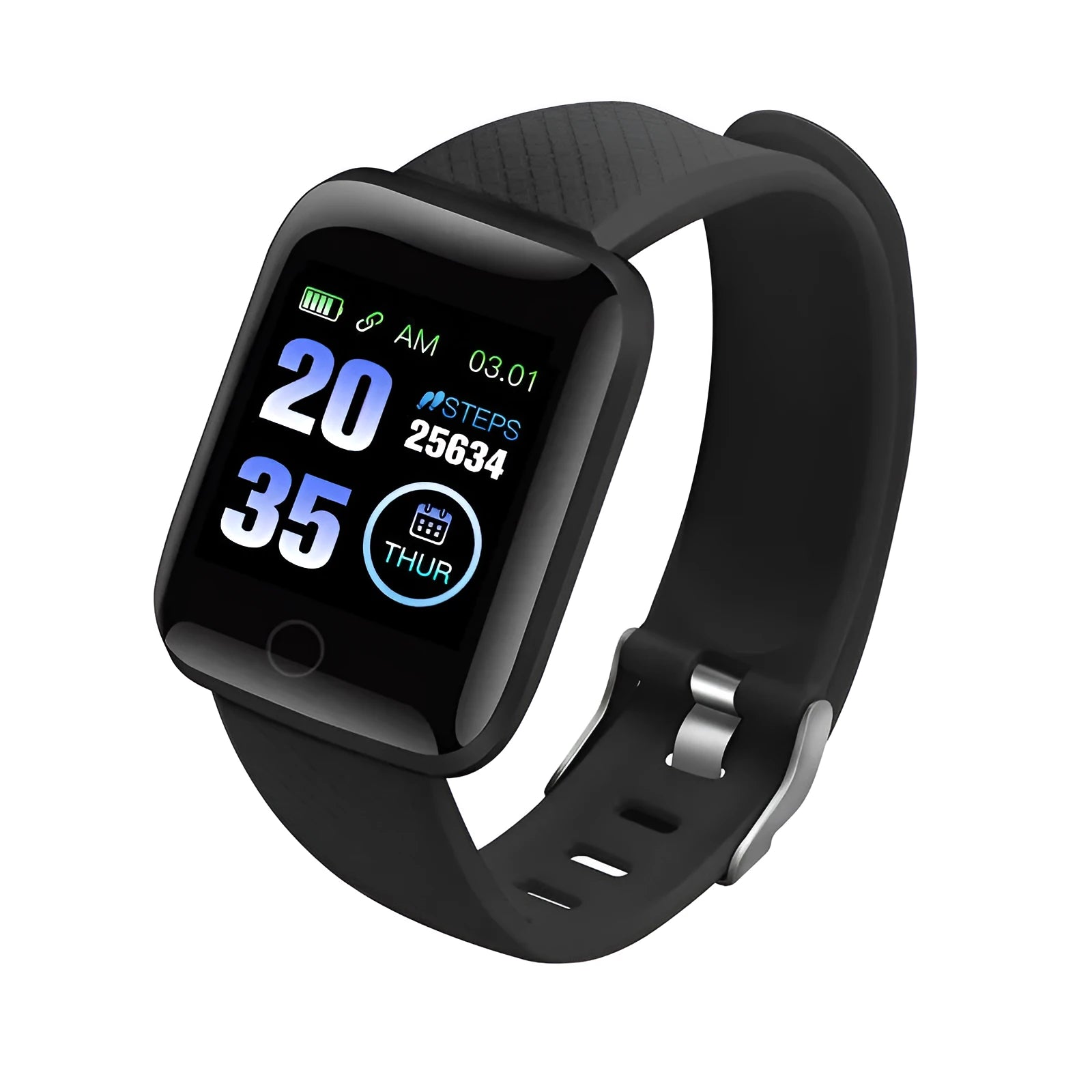 D13 smart bracelet with colour screen showing heart rate, available in blue, black, red, purple, green.