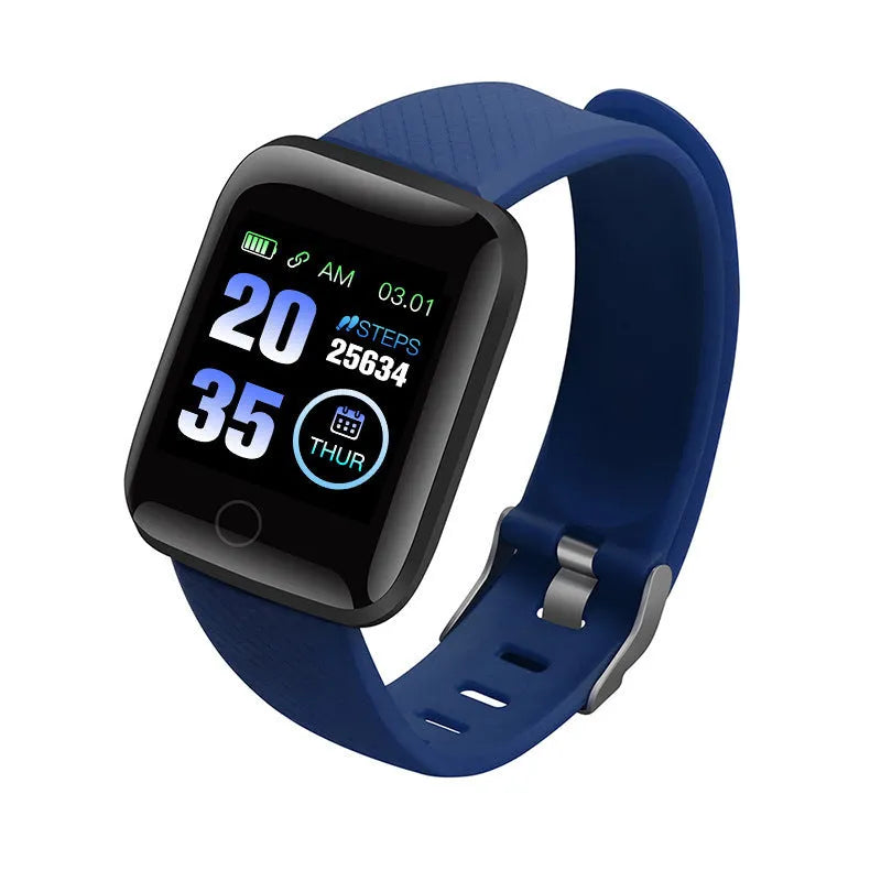 D13 smart bracelet with colour screen showing heart rate, available in blue, black, red, purple, green.