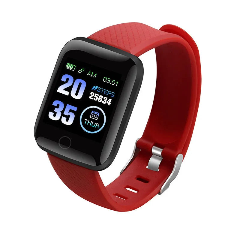 D13 smart bracelet with colour screen showing heart rate, available in blue, black, red, purple, green.