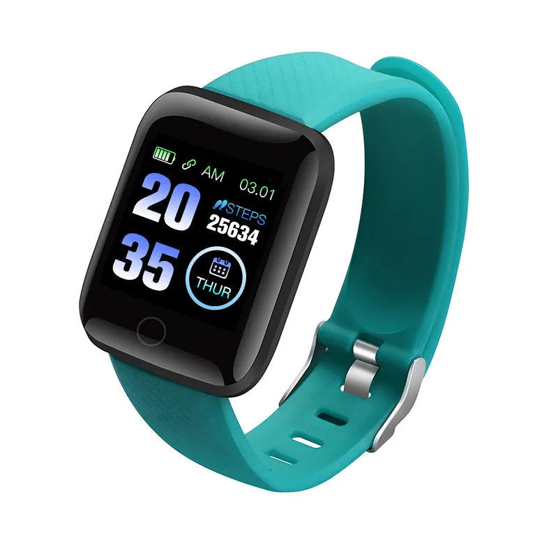 D13 smart bracelet with colour screen showing heart rate, available in blue, black, red, purple, green.