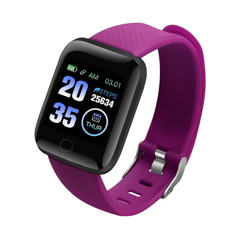 D13 smart bracelet with colour screen showing heart rate, available in blue, black, red, purple, green.